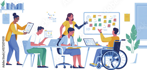 Illustration of diverse office team collaborating on project with sticky notes and digital devices