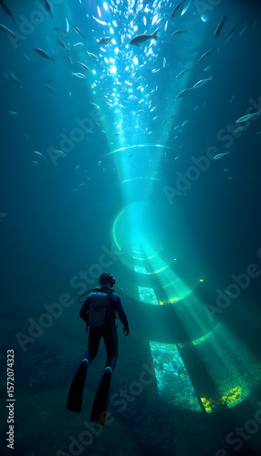 Wallpaper Mural Diver Exploring Deep Ocean with Green Light in the Distance Torontodigital.ca