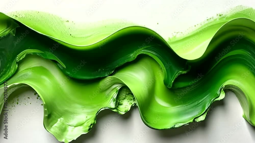 Vibrant green fluid waves on a white surface creating an abstract and dynamic background