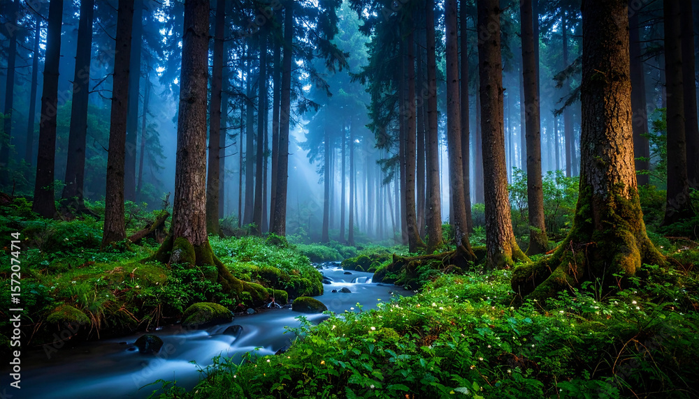 Obraz premium Misty fantasy forest, tall trees