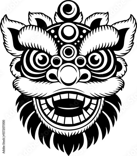 Chinese guardian lion head silhouette vector illustration black white flat design