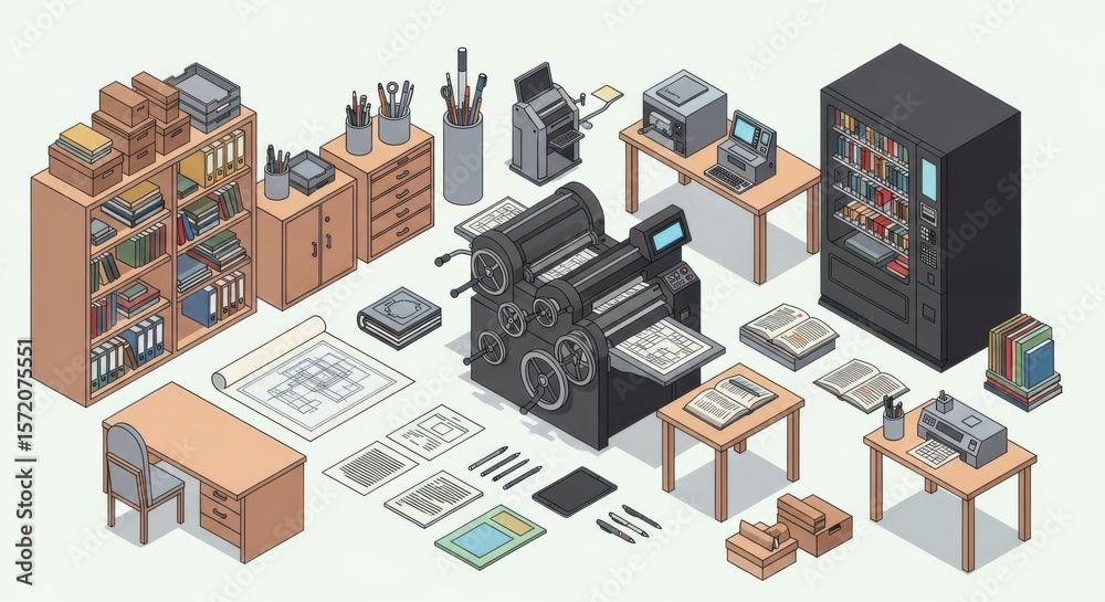 Naklejka premium An isometric view of a vintage printing press and office equipment