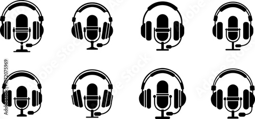 A set of headphone with microphone silhouette vector illustration