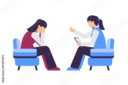 sad woman talking with psychologist . Mental health, psychologist consultation and help. Vector illustration