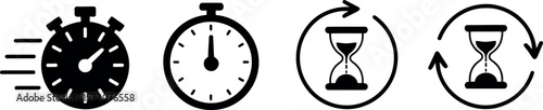 Time management icons set: stopwatch, clock, and hourglass for productivity and efficiency
