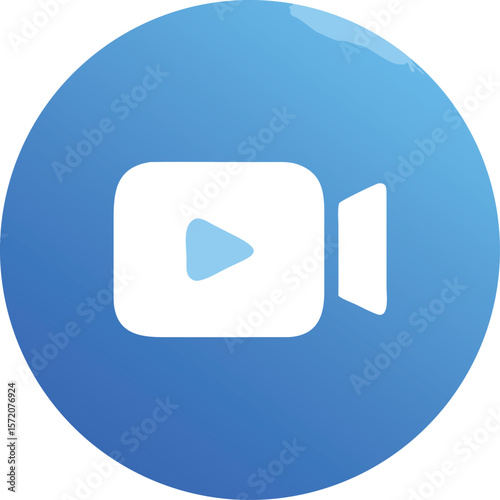 Vector art of a bright blue circle features a white video camera icon, signifying video playback