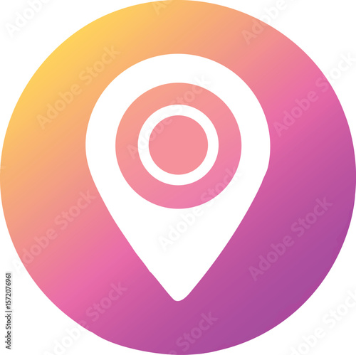 Vector art of a vibrant gradient circle showcases a white location pin, symbolizing a point on a map
