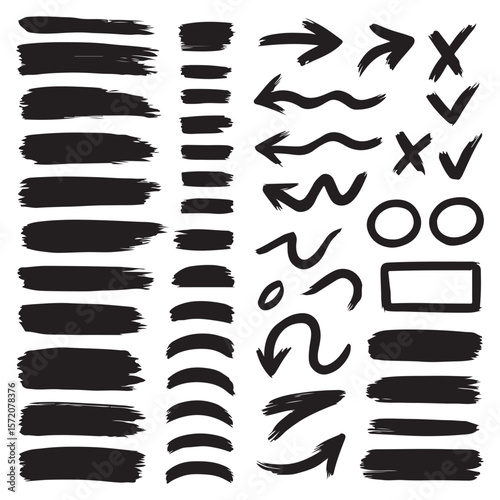 Collection of hand drawn black brush stroke elements arrows checkmarks circles and rectangles isolated on white