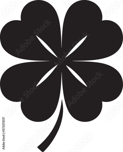 A simple black silhouette of a four leaf clover symbolizing luck and good fortune on a white background