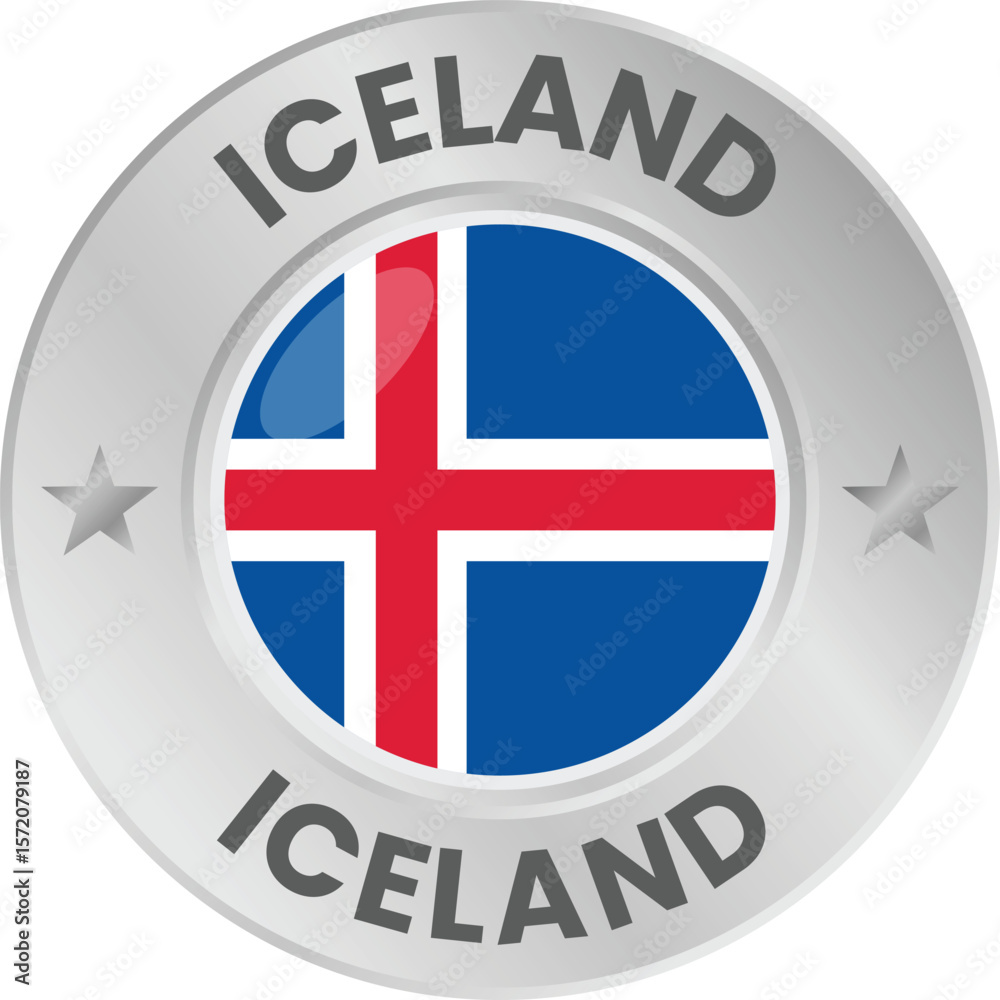 Iceland flag in silver colored medal. National flag in metal circle emblem. Iceland flag in silver colored medal. National flag in metal circle emblem.
