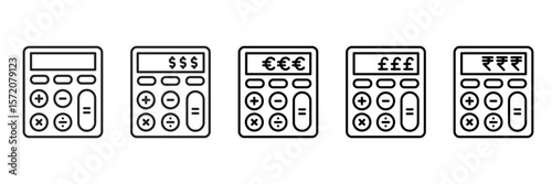 Calculator Icon Set With Different Currencies