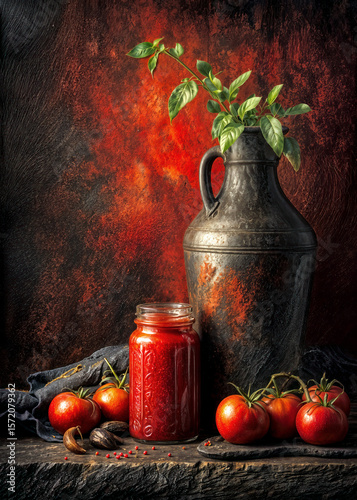 Beneath a warm, textured backdrop, red tomatoes and fragrant basil decorate a dark table. A glass jar of rich tomato sauce sits beside an elegant vase, creating a luscious culinary display.