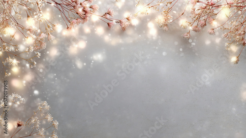 Festive frame with sparkling lights and delicate dried flowers creating soft and elegant border on neutral background