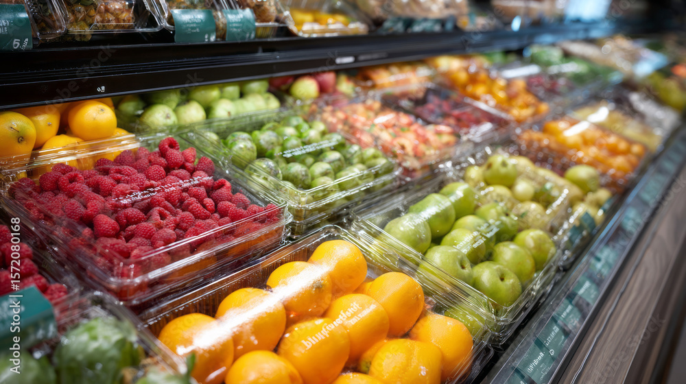 Obraz premium Fresh fruit display with raspberries, oranges, green apples, and other colorful fruits in plastic containers at grocery store