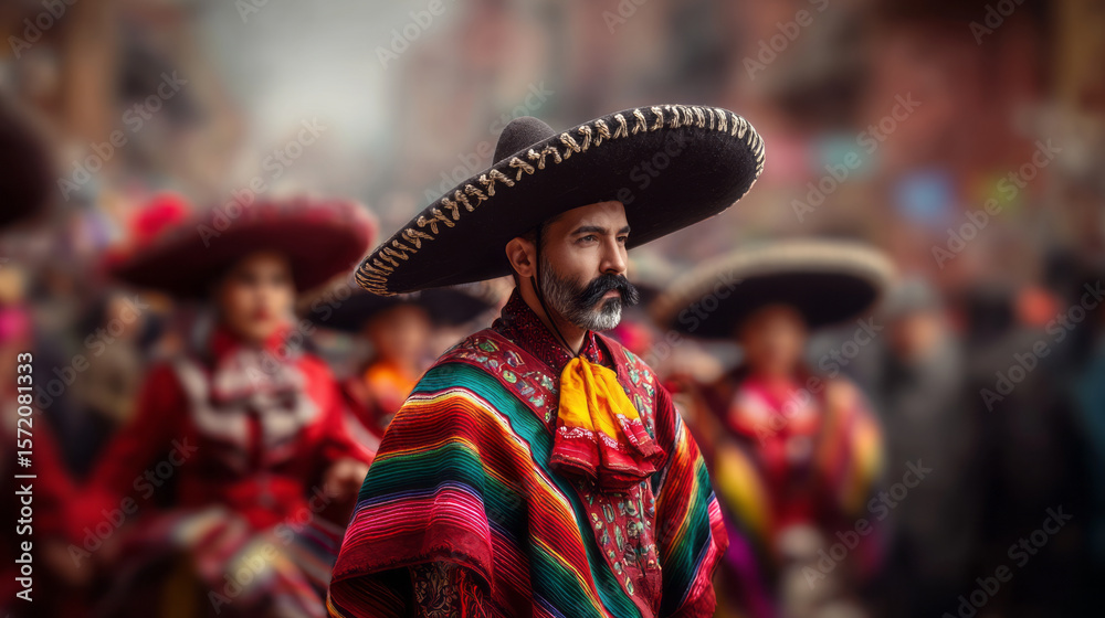 Fototapeta premium Mexican man wearing traditional colorful serape and large sombrero hat during festive cultural celebration parade