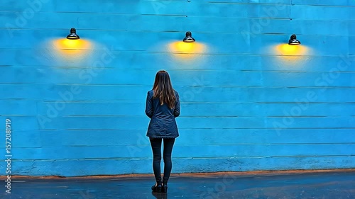 Woman Stands Before a Vibrant Blue Wall with Glowing Lights, Reflecting on urban scene