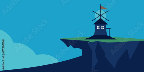 Windmill House on Clifftop A Serene Landscape Illustration