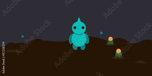 Mysterious Teal Creature in a Dark, Bioluminescent Landscape