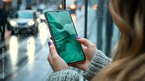 Woman using smartphone near window on a rainy day, depicting urban life and connectivity