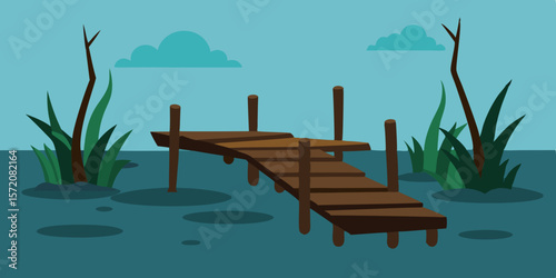 Serene Swamp Pier A Tranquil Wooden Dock in Still Waters