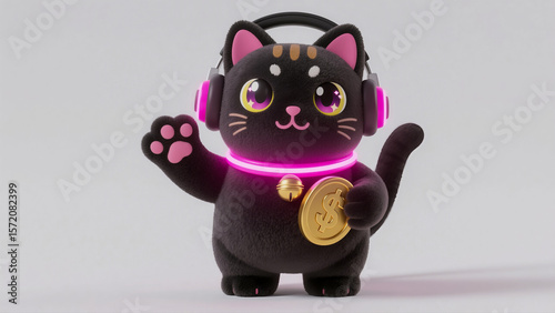 Lucky black cat DJ wearing headphones and neon collar holds golden dollar coin for good luck