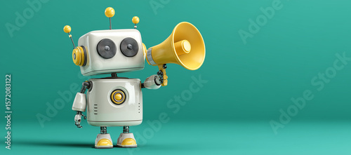 A futuristic AI robot agent uses a megaphone loudspeaker for broadcasting an announcement, advertising communication, and marketing with artificial intelligence and agentic autonomy