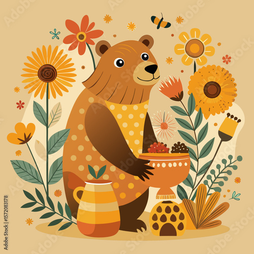 A charming woodland scene with a bear holding berries among warm toned flowers and foliage, perfect for storybook elements.
