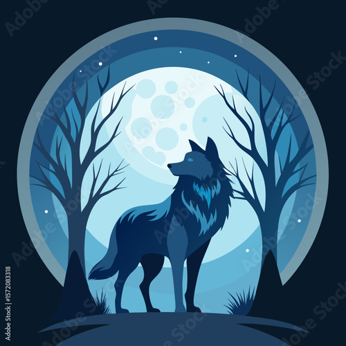 Blue wolf howling at the moon amid trees, a graphic suited for nature-themed art projects and nocturnal designs, providing a unique animal element.