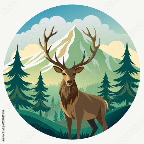 Majestic deer in a serene mountain forest scene creates a natural and inviting design perfect for nature themes.