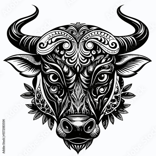 Detailed bull head design with tribal art elements, suitable for tattoos, logo design, and creating powerful brand visuals.