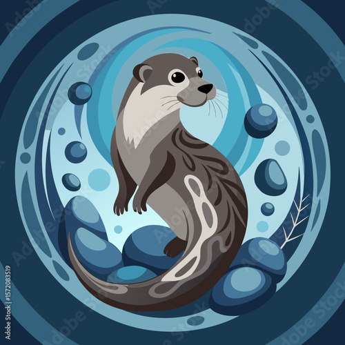 Graceful otter art design with a blue water swirl backdrop, ideal for nautical themes, animal prints, or children's educational resources.