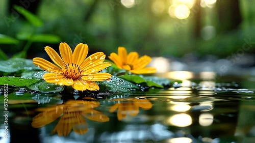 Yellow Flowers with Water Droplets Floating on Water Surface in Tranquil Setting