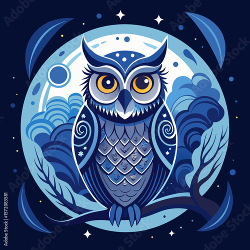 Graceful nocturnal owl rests against a stylized moon in a serene palette, perfect for nature-themed designs and adaptable for diverse branding applications.
