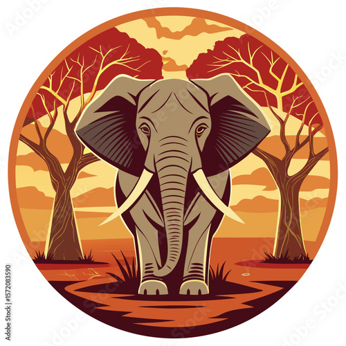 Majestic elephant graphic with stylized African landscape, perfect for safari-themed designs, nature projects, or logo creation with a touch of wildlife.