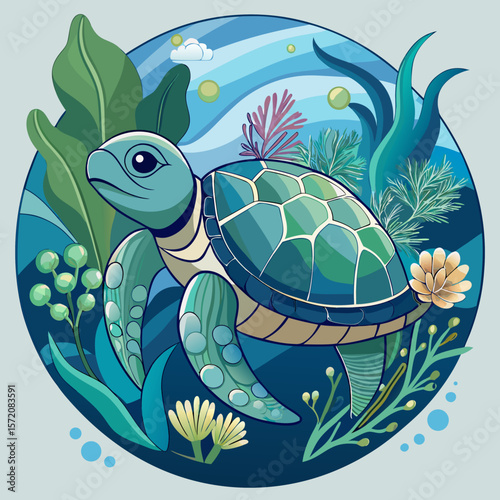 Graceful sea turtle floats serenely in an ocean environment, perfect for coastal branding and oceanic themes with stylized flora.