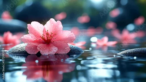 Zen Garden Serenity: Pink Blossom Floating on Water with Stones for Relaxation