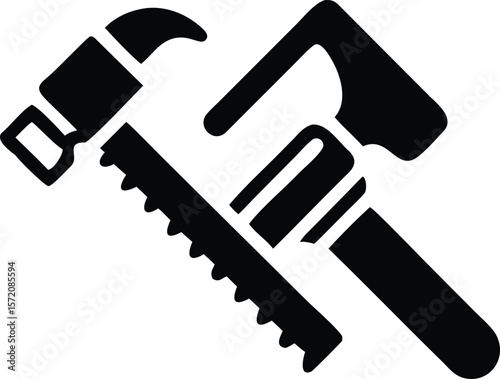 Construction tools, hammer saw and wrench icon