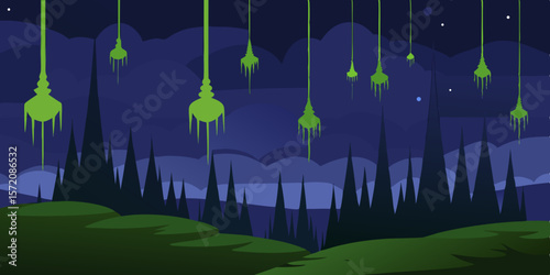Enigmatic Night Glowing Orb Drops Over Silhouetted Forest