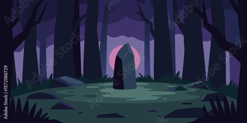 Enigmatic Forest Nightfall Illustration of a Mysterious Standing Stone