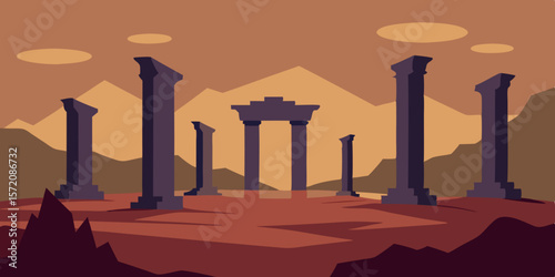 Ancient Ruins A Sunset Landscape of Majestic Pillars and Desolate Beauty