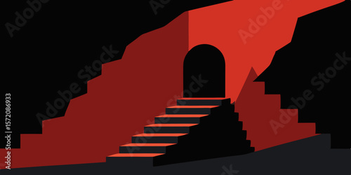 Mysterious Red Pathway Steps Leading to an Enigmatic Archway
