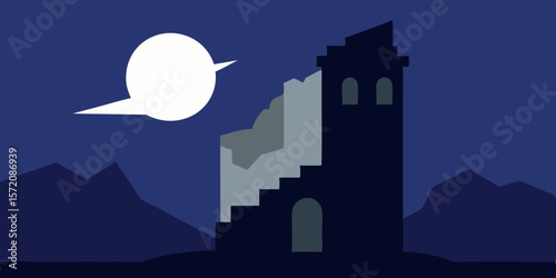 Mysterious Night Silhouette of a Ruined Tower under a Full Moon
