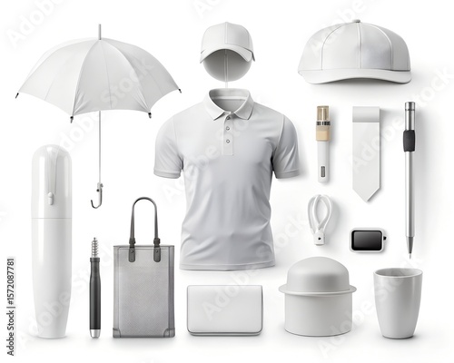 A pristine white corporate branding mockup showcases apparel, accessories, and stationery items, all isolated against a clean white background