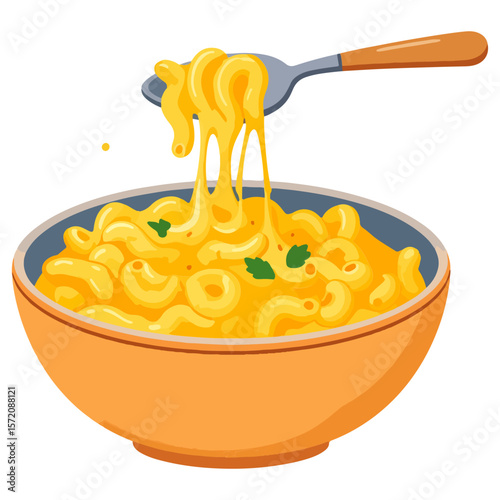 A stylized illustration of a bowl overflowing with creamy macaroni and cheese, with a spoonful being lifted, showcasing its cheesy and comforting nature.