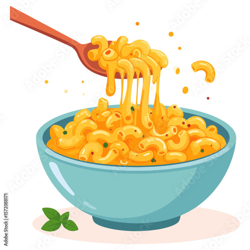 A bright and colorful pixel art illustration of a bowl of cheesy macaroni and cheese being served with a wooden spoon, complete with basil garnish and stylized cheese drip.