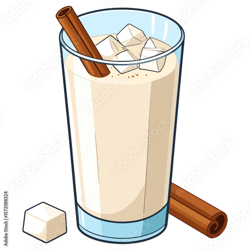 Illustration of a cool and refreshing horchata drink in a glass with ice and a cinnamon stick, perfect for summer or a celebratory toast.