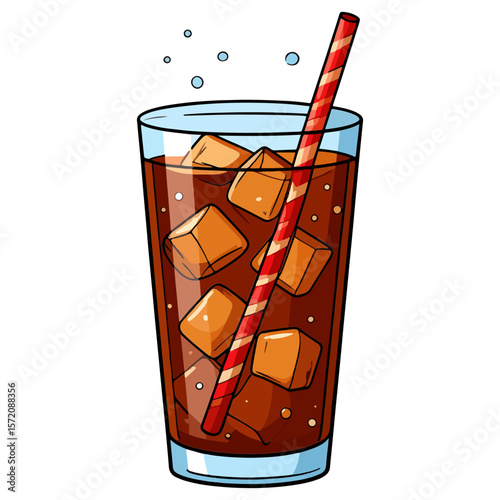 A cartoon illustration of a refreshing cola drink with ice cubes and a red striped straw, perfect for summer-themed designs or beverage-related projects.