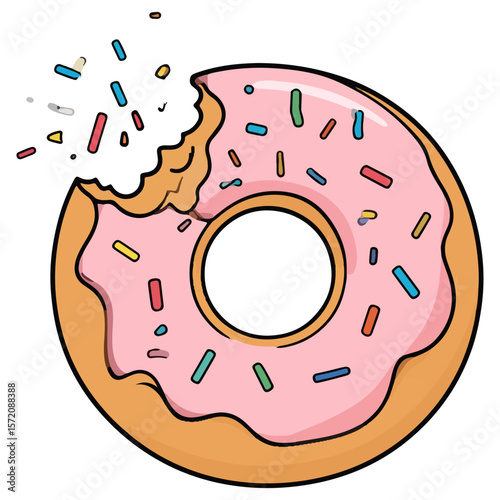 A fun and colorful illustration of a delicious donut with pink frosting, rainbow sprinkles, and a bite taken out, perfect for adding a sweet touch to your designs.