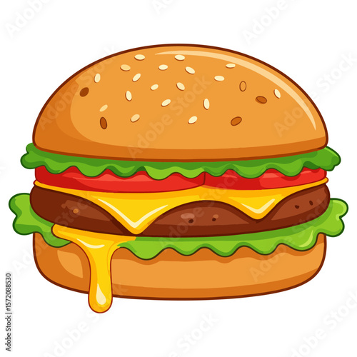 Delicious-looking cartoon burger with sesame seeds, layered with lettuce, tomato, cheese, and a juicy beef patty on a white background.