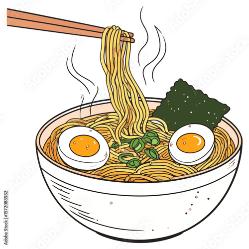 Delicious bowl of hot ramen illustration with chopsticks lifting noodles, garnished with eggs, seaweed, and scallions, perfect for menu design or culinary blog visuals.